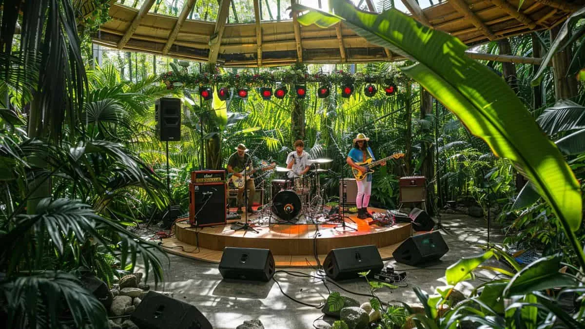 Local bands performing on a colorful stage surrounded by lush greenery.