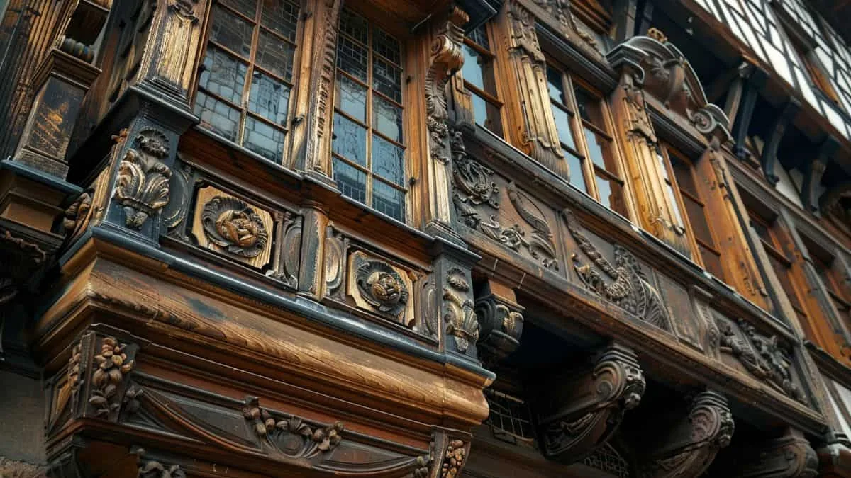 Monuments historiques à Strasbourg : partez à la découverte des trésors cachés de la ville - Alsace Voyage Closeup of the beautiful wooden facade of Maison Kammerzell in Strasbourg.