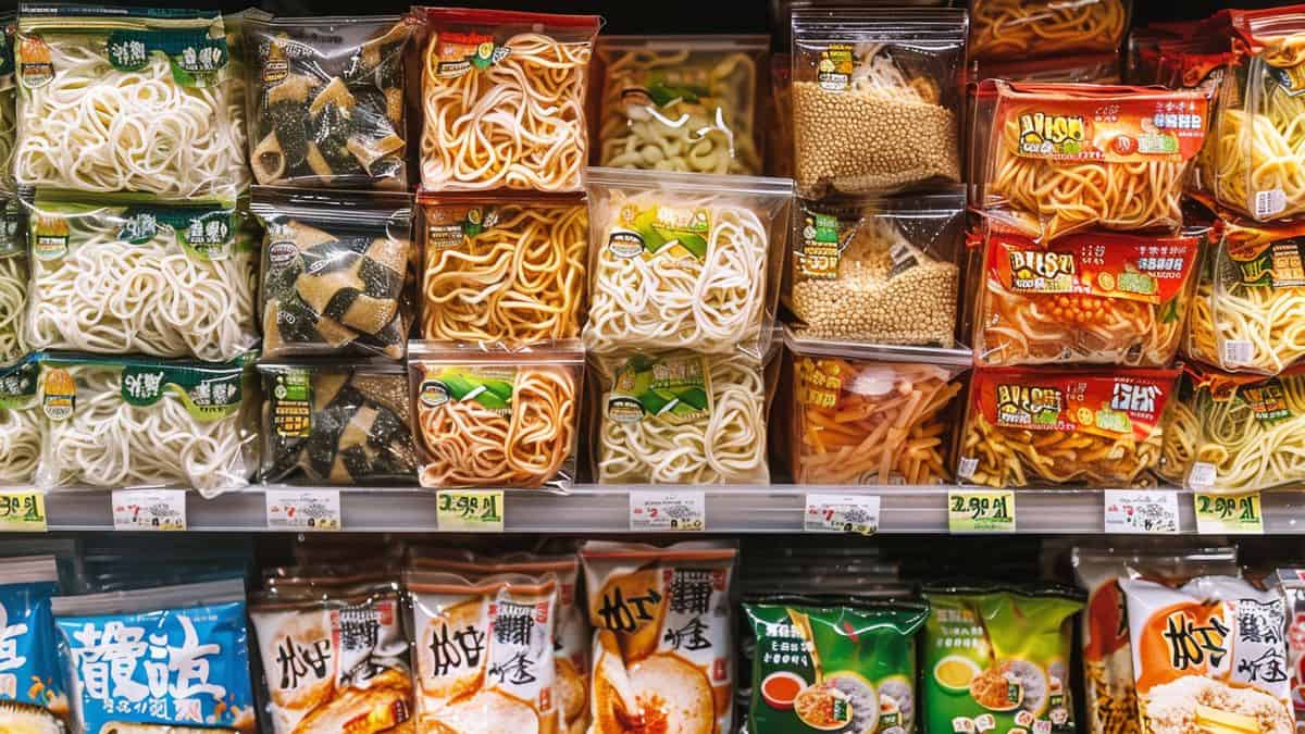 Comment una usine de ramens coréens en Alsace va révolutionner l'industrie agroalimentaire ? - Alsace Voyage Exhibición vibrante de varios sabores y empaques de ramen en un supermercado.