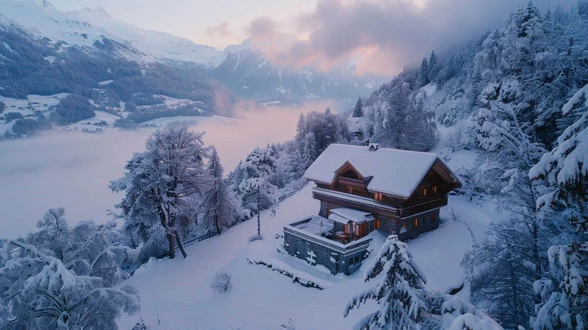 Quels sont les plus beaux paysages suizos accesibles a solo 1 hora de Mulhouse ? - Alsace Voyage Un acogedor chalet situado en las montañas nevadas de Suiza.