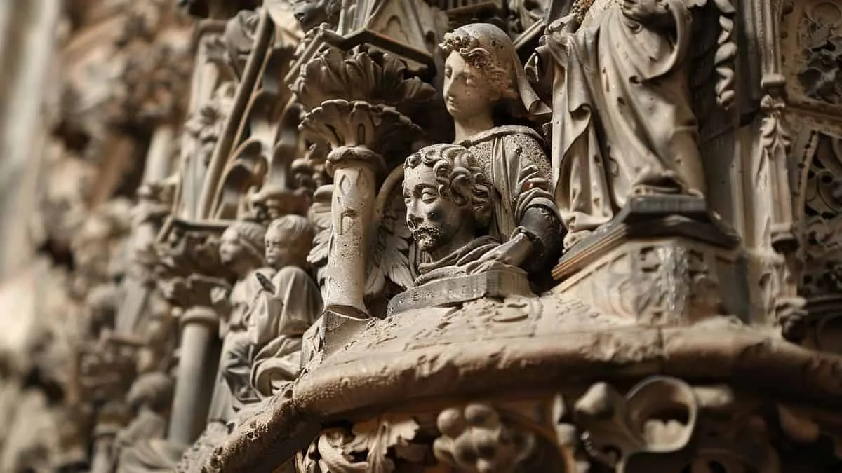 Exploración de los misterios ocultos de la Catedral de Estrasburgo - Alsace Voyage Vista detallada del hermoso púlpito de piedra en la Catedral de Estrasburgo, construido en el siglo XV para Jean Geiler.