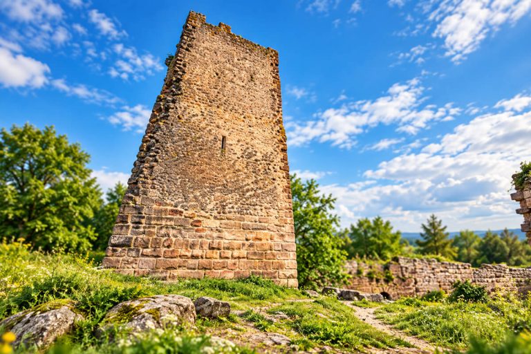 Donjon carré du Weckmund en grès rose vu en contre-plongée depuis la prairie, avec un pan d’enceinte en ruine à droite