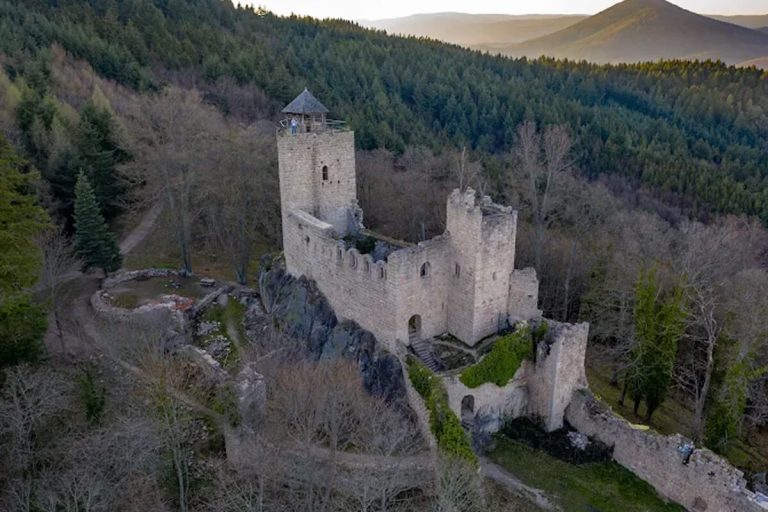 Vue aérienne du château du Bernstein : donjon en granite coiffé d’un belvédère, logis et enceinte en forêt au-dessus de Dambach-la-Ville