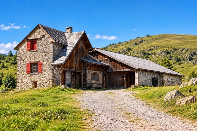 Image d’illustration : ferme de montagne en pierre aux volets rouges et grange en bois au bout d’un chemin de gravier, sous un ciel bleu