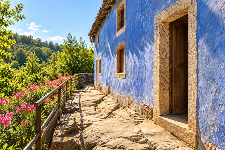 Image d’illustration : façade bleue d’une maison ancienne aux encadrements de pierre, chemin dallé et lauriers-roses en fleurs
