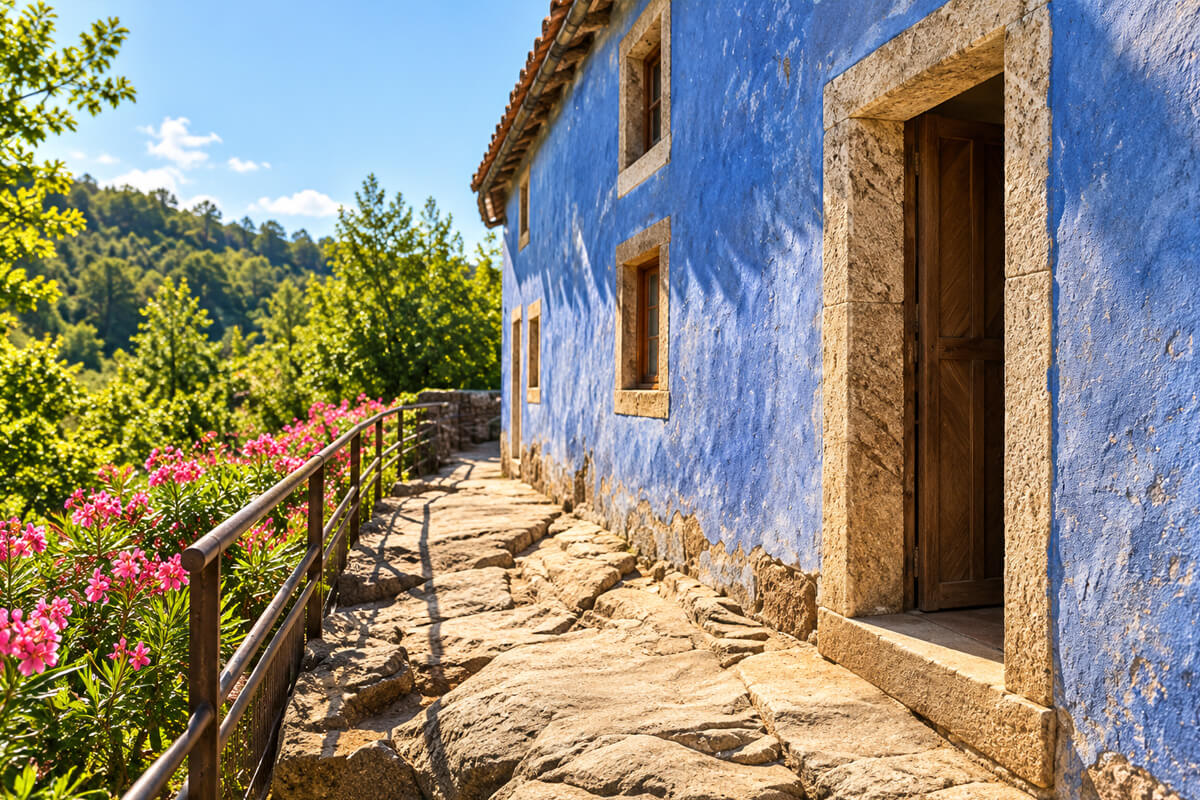 Image d’illustration : façade bleue d’une maison ancienne aux encadrements de pierre, chemin dallé et lauriers-roses en fleurs