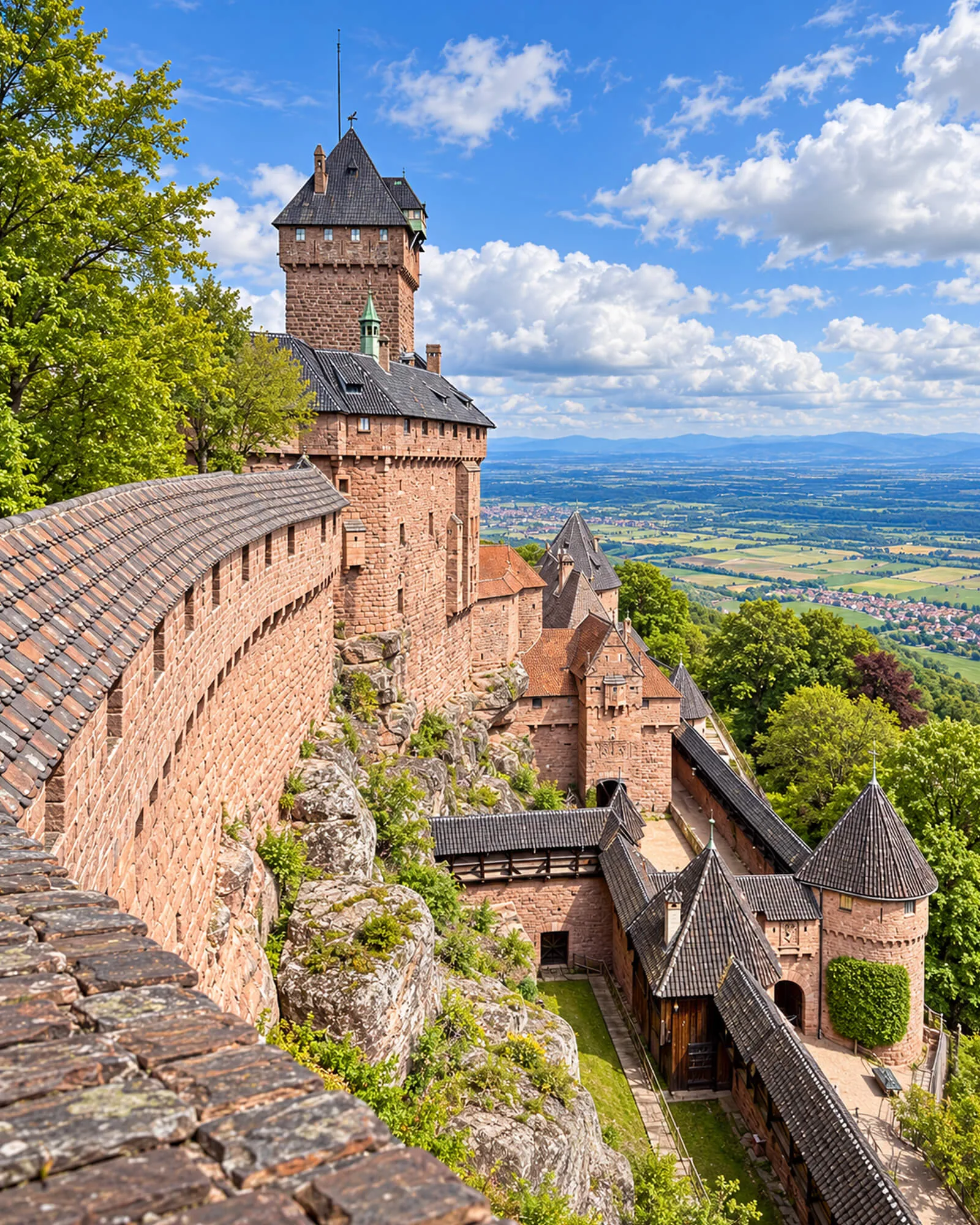 Donjon carré et remparts de grès rose du Haut-Kœnigsbourg dominant la plaine d’Alsace, sous un ciel bleu et nuageux