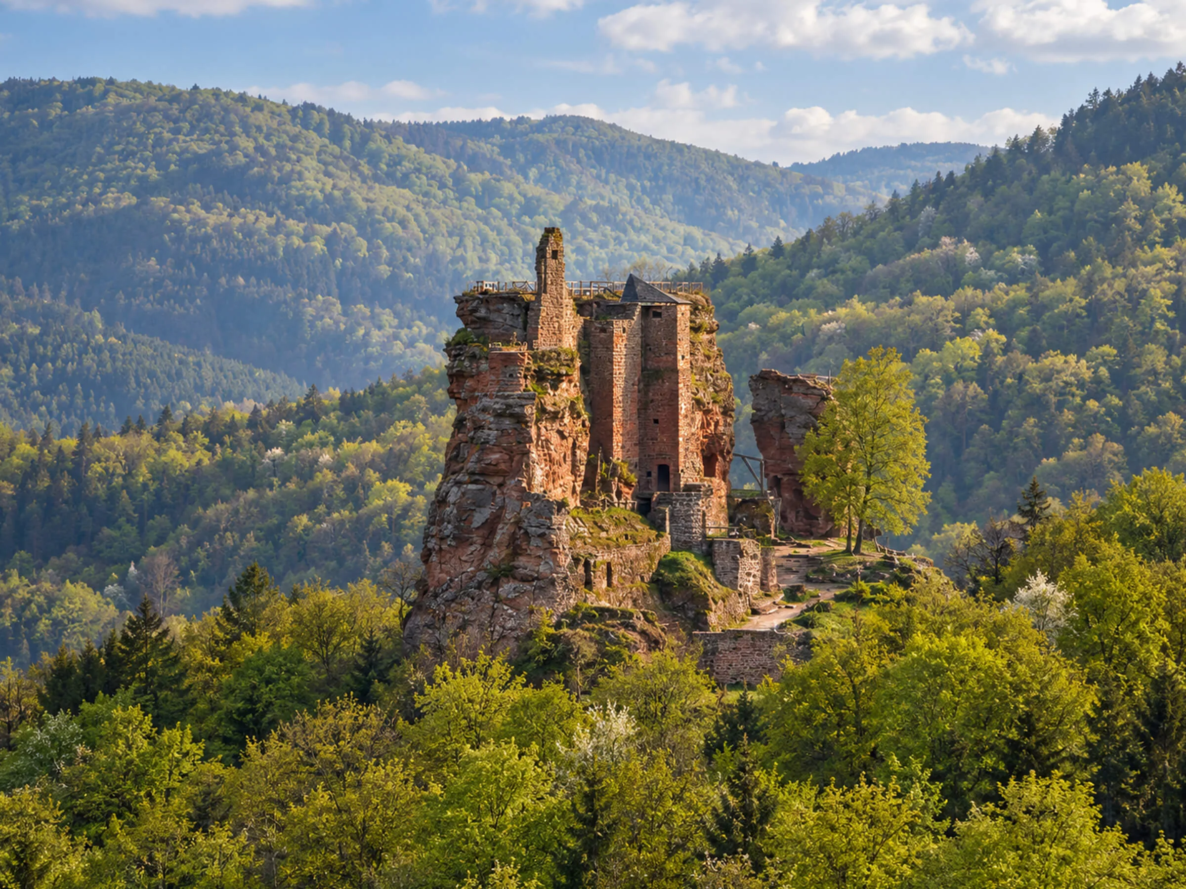 Ruines d’un château fort sur un rocher au milieu des forêts des Vosges