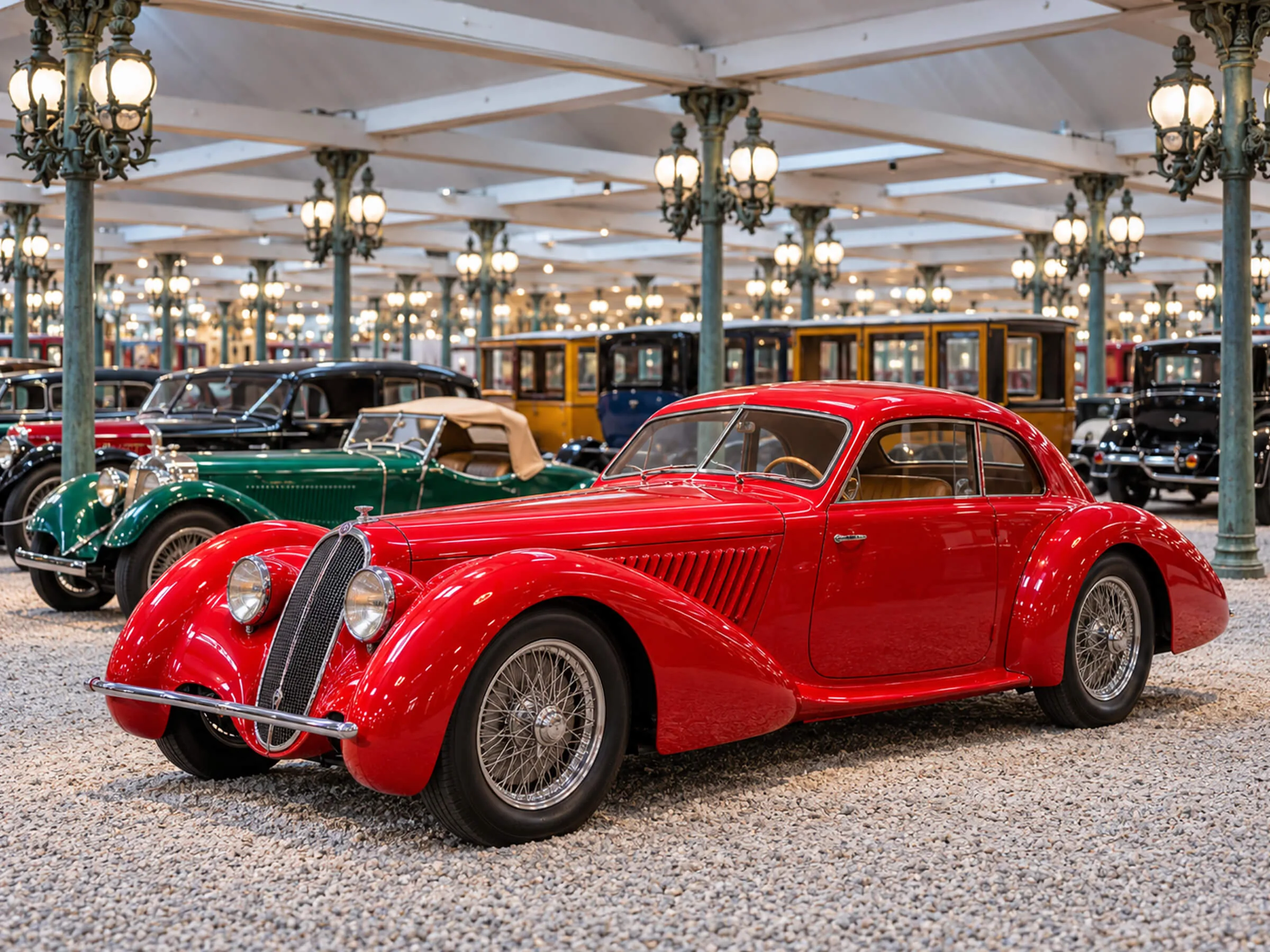 Voitures anciennes exposées dans un grand musée de l’automobile