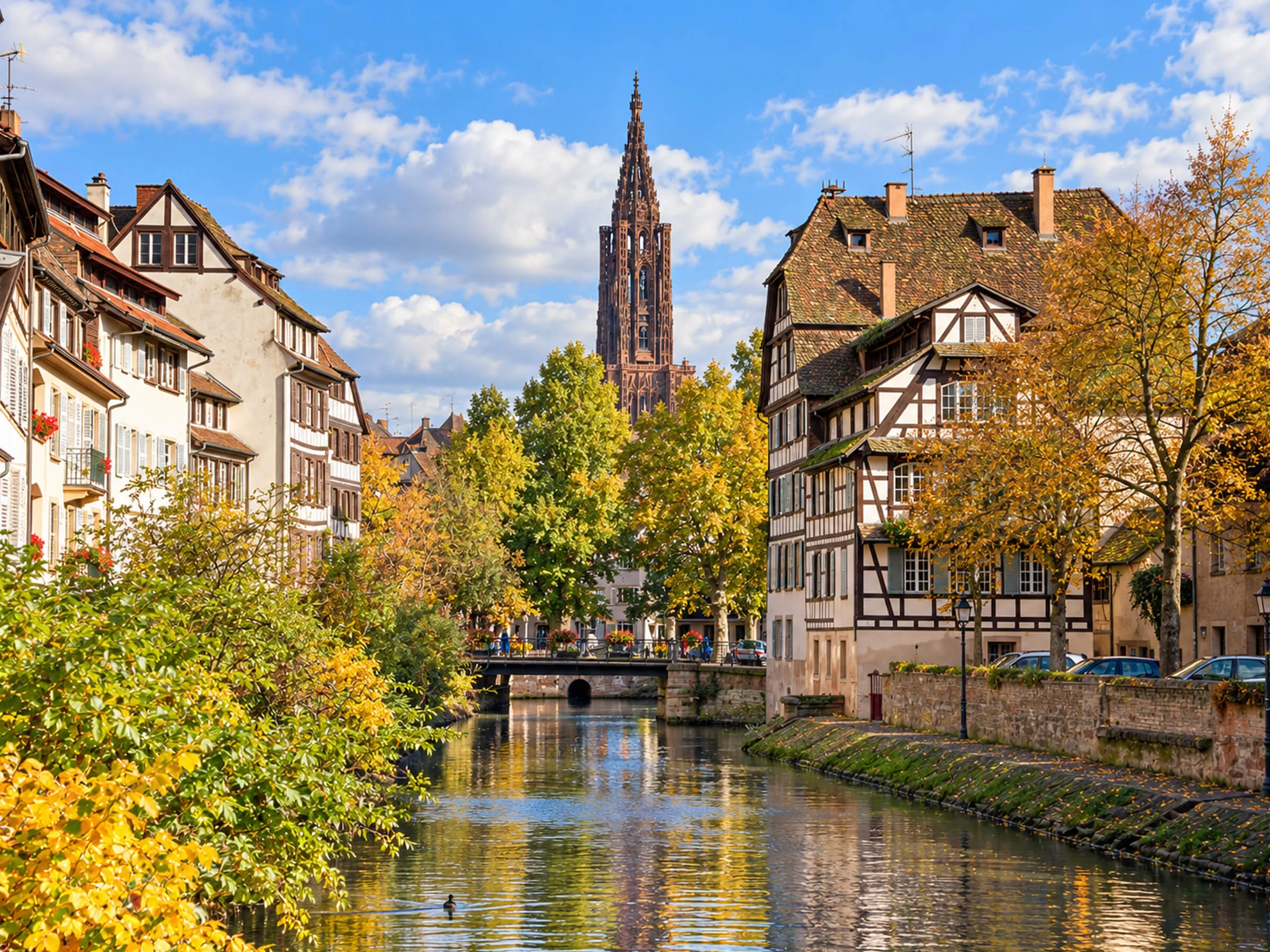 Maisons à colombages de la Petite France et flèche de la cathédrale de Strasbourg