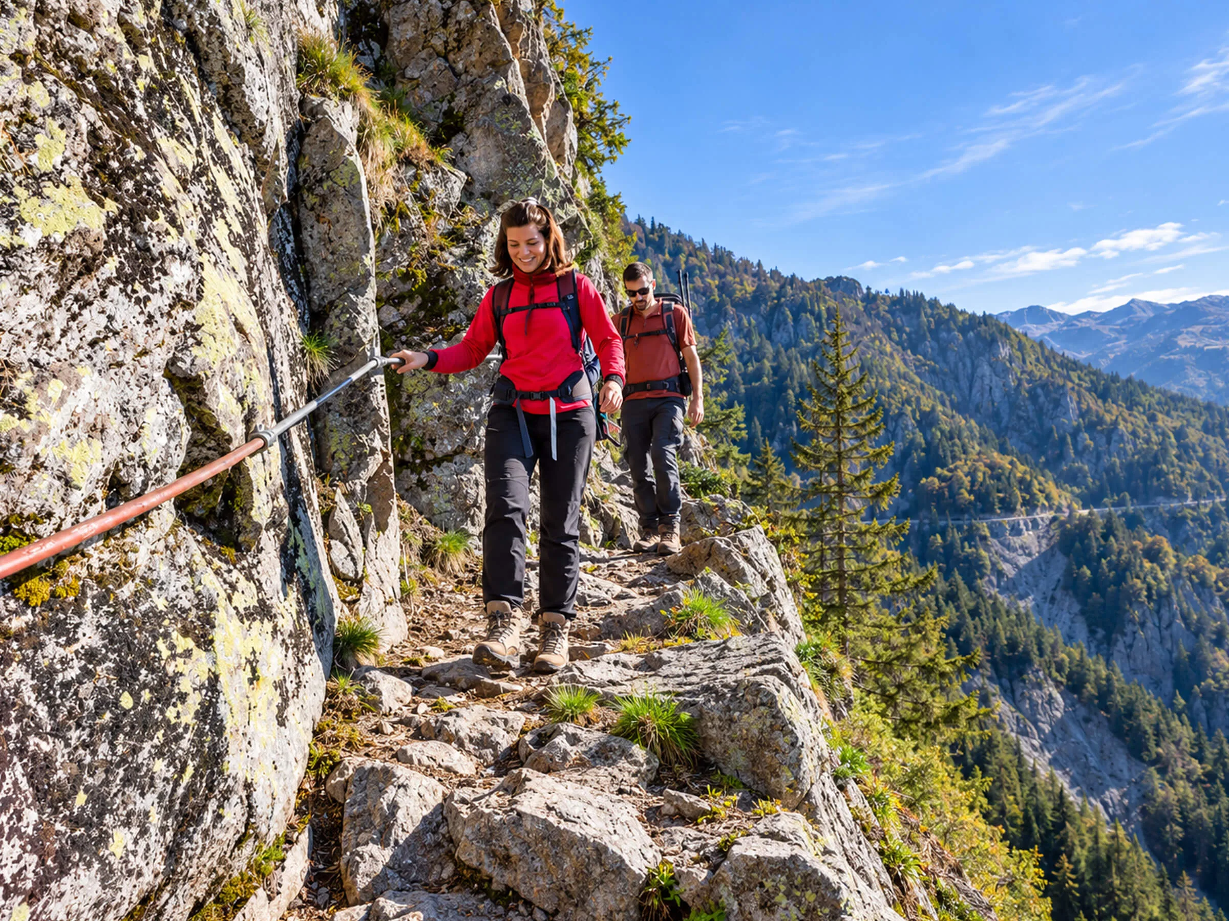 Randonneurs sur un sentier de montagne à flanc de rocher dans les Vosges