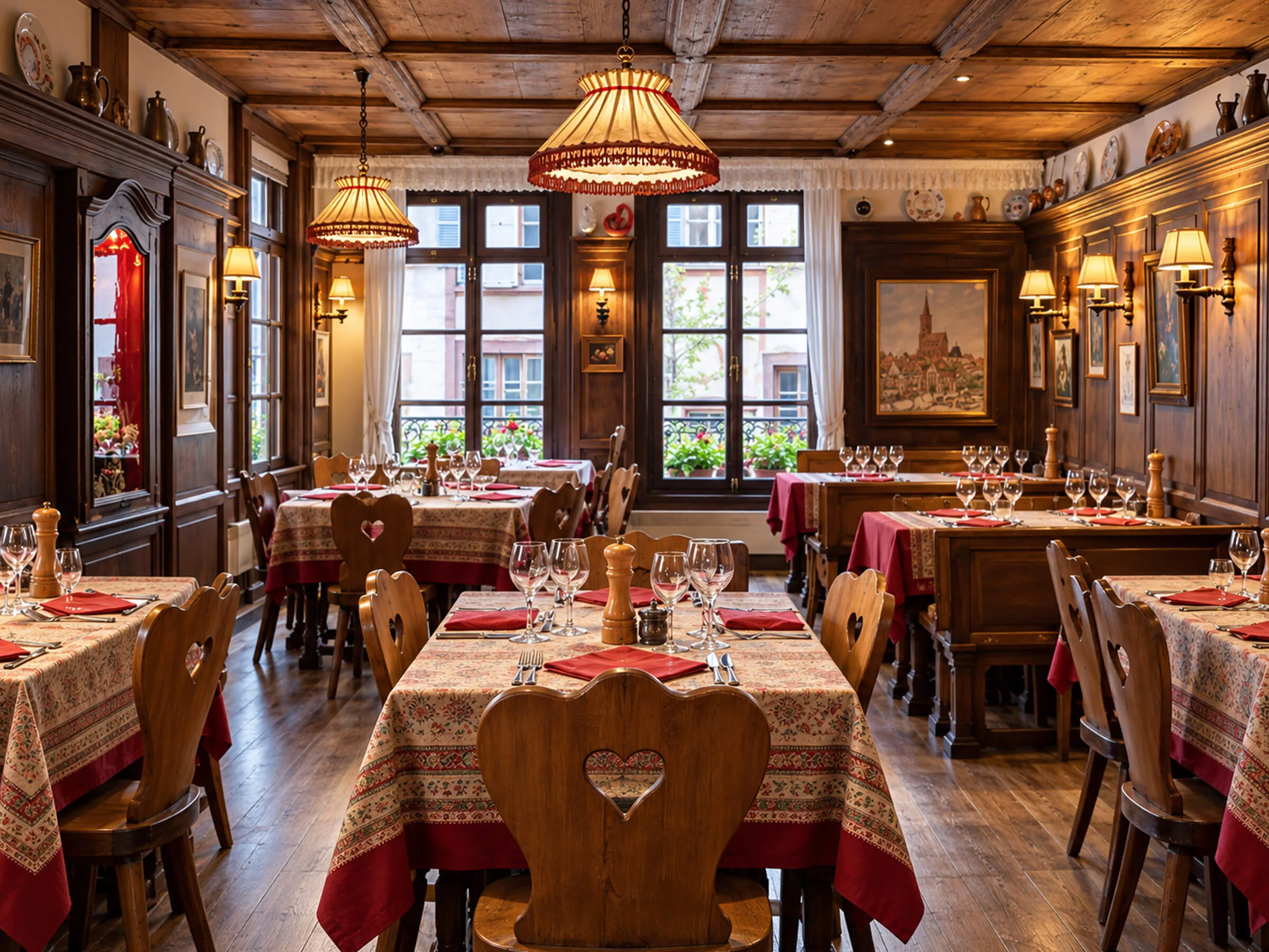 Salle d’une winstub alsacienne aux boiseries et tables dressées