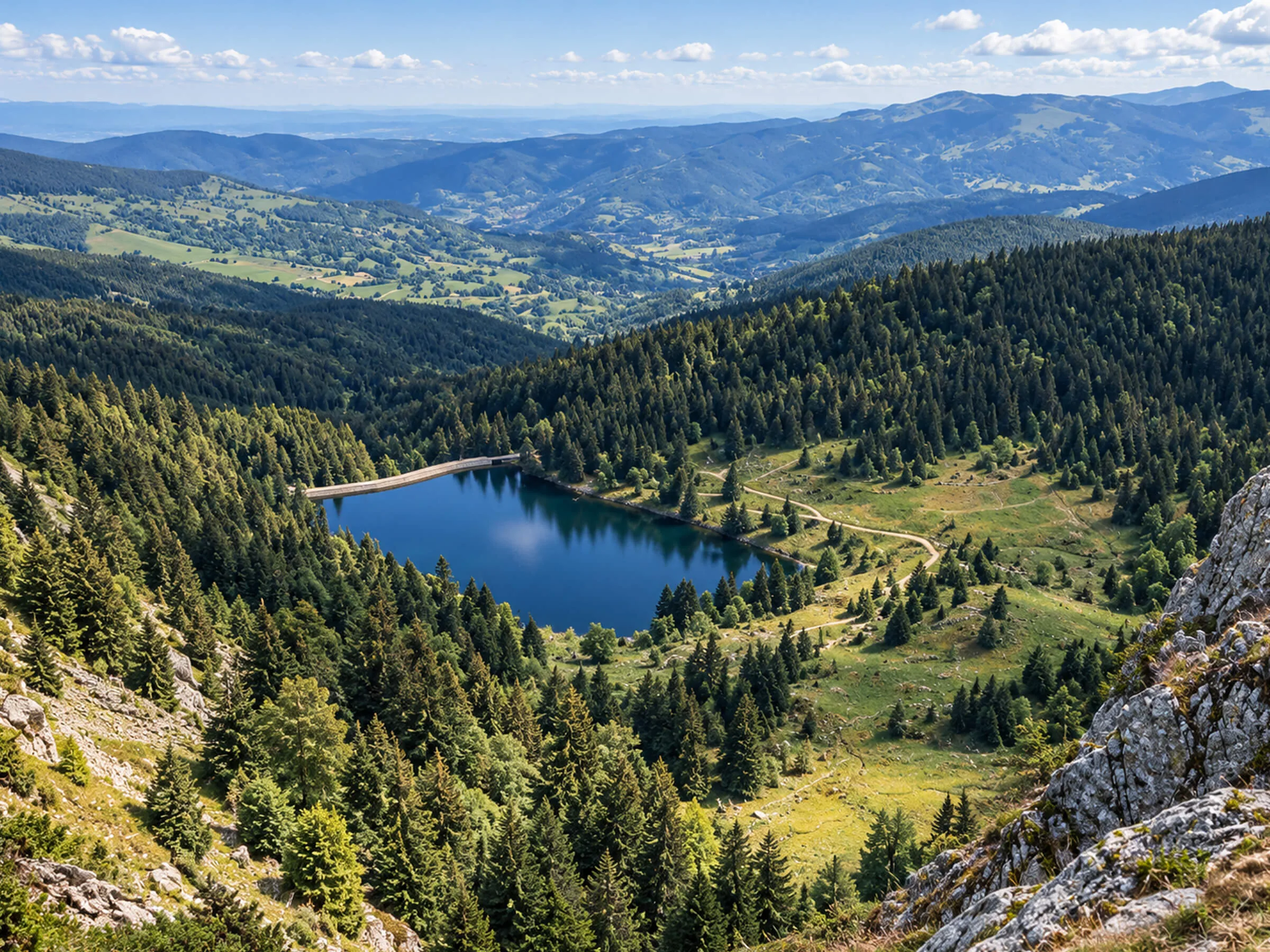 Lac de montagne au creux d’une vallée boisée des Vosges