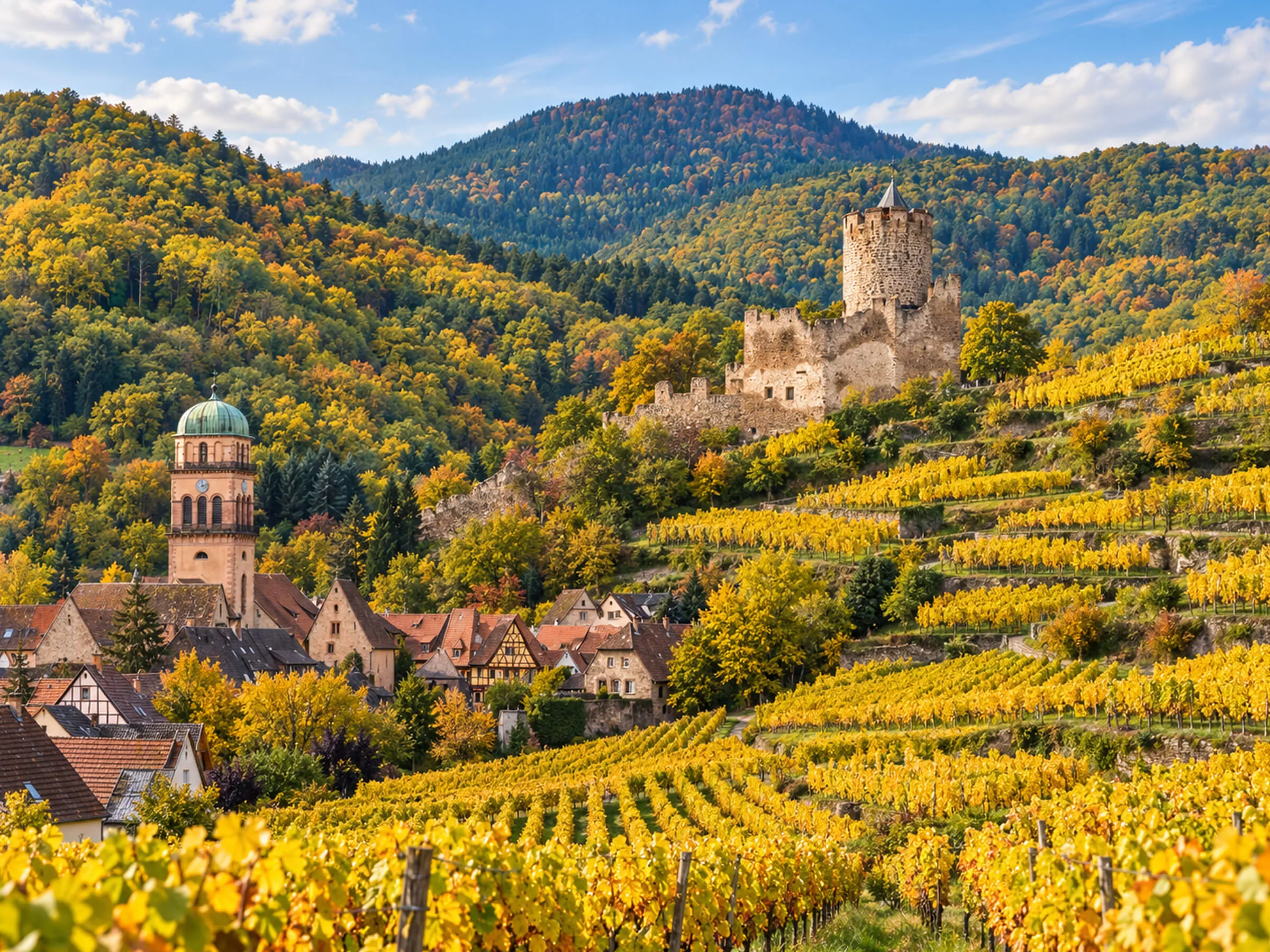 Vignes dorées et village viticole au pied d’un château sur la route des vins