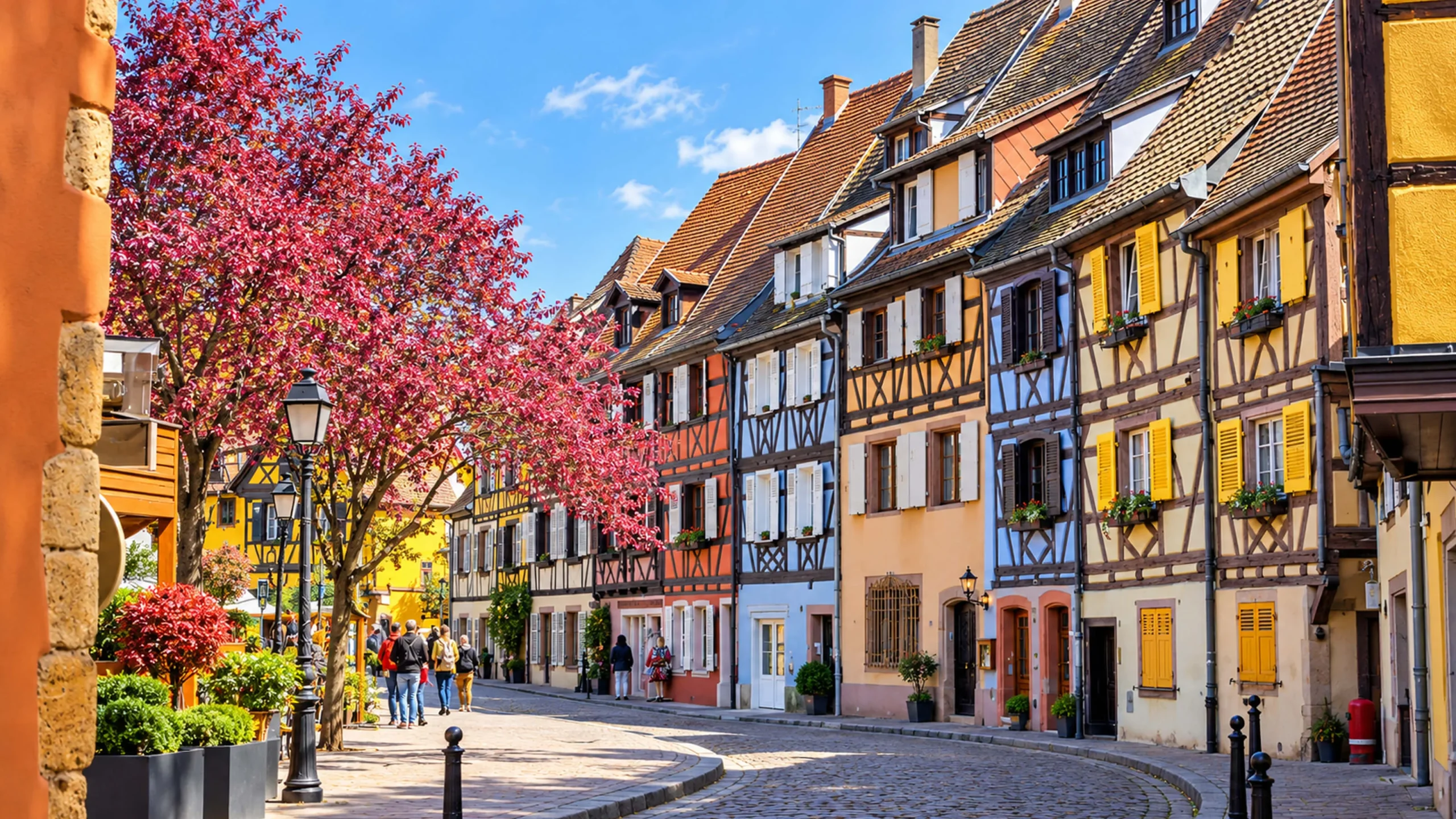 Rue fleurie aux maisons à colombages colorées au printemps en Alsace