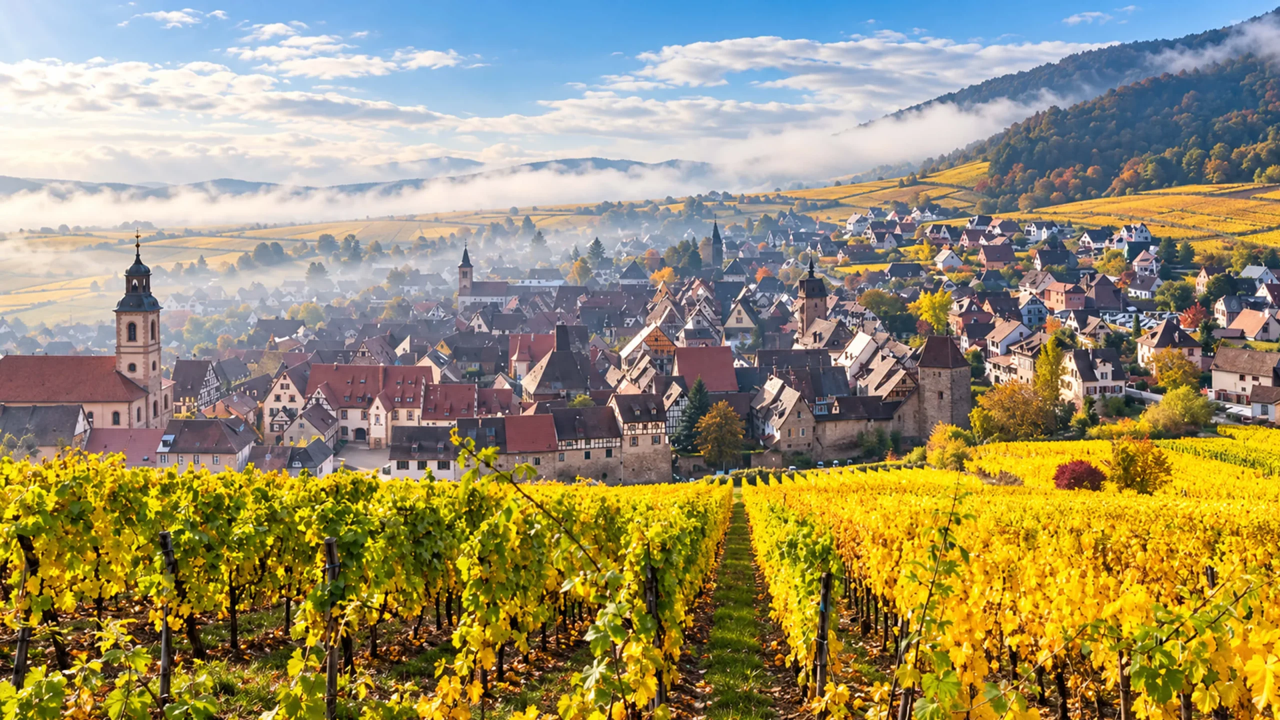 Winzerdorf zwischen goldenen Reben im Herbstnebel