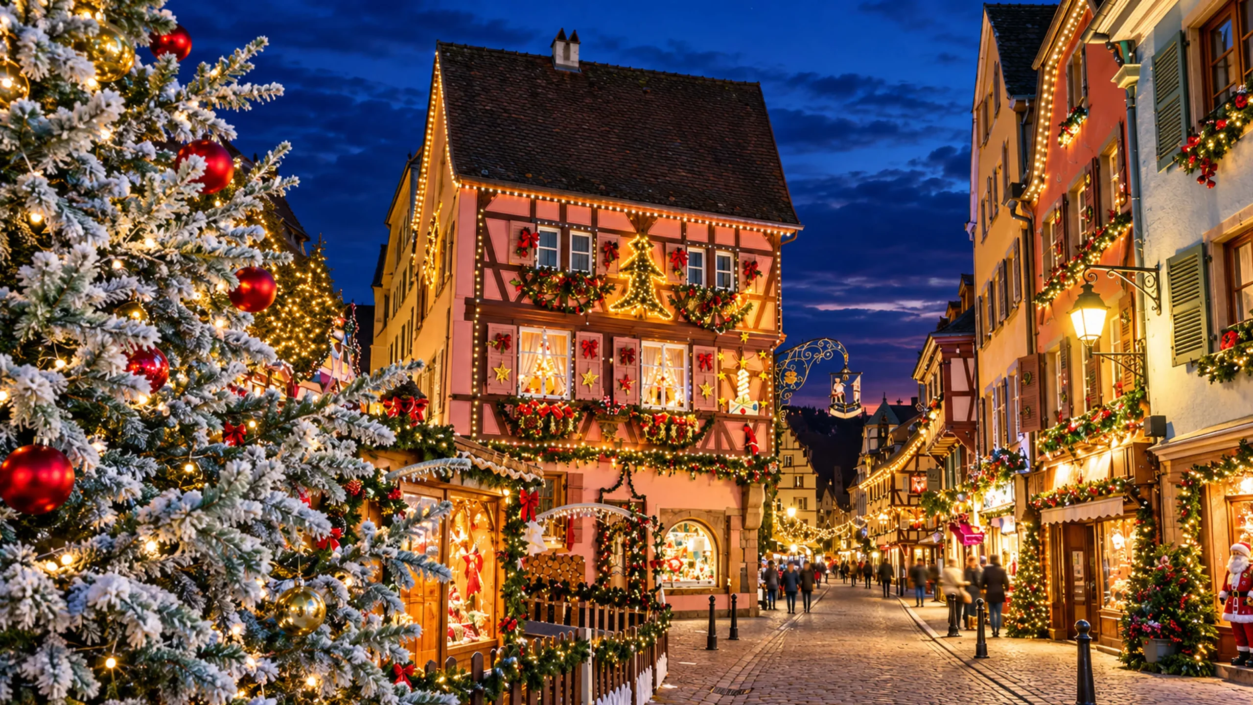Rue illuminée et sapin de Noël devant les maisons à colombages en hiver